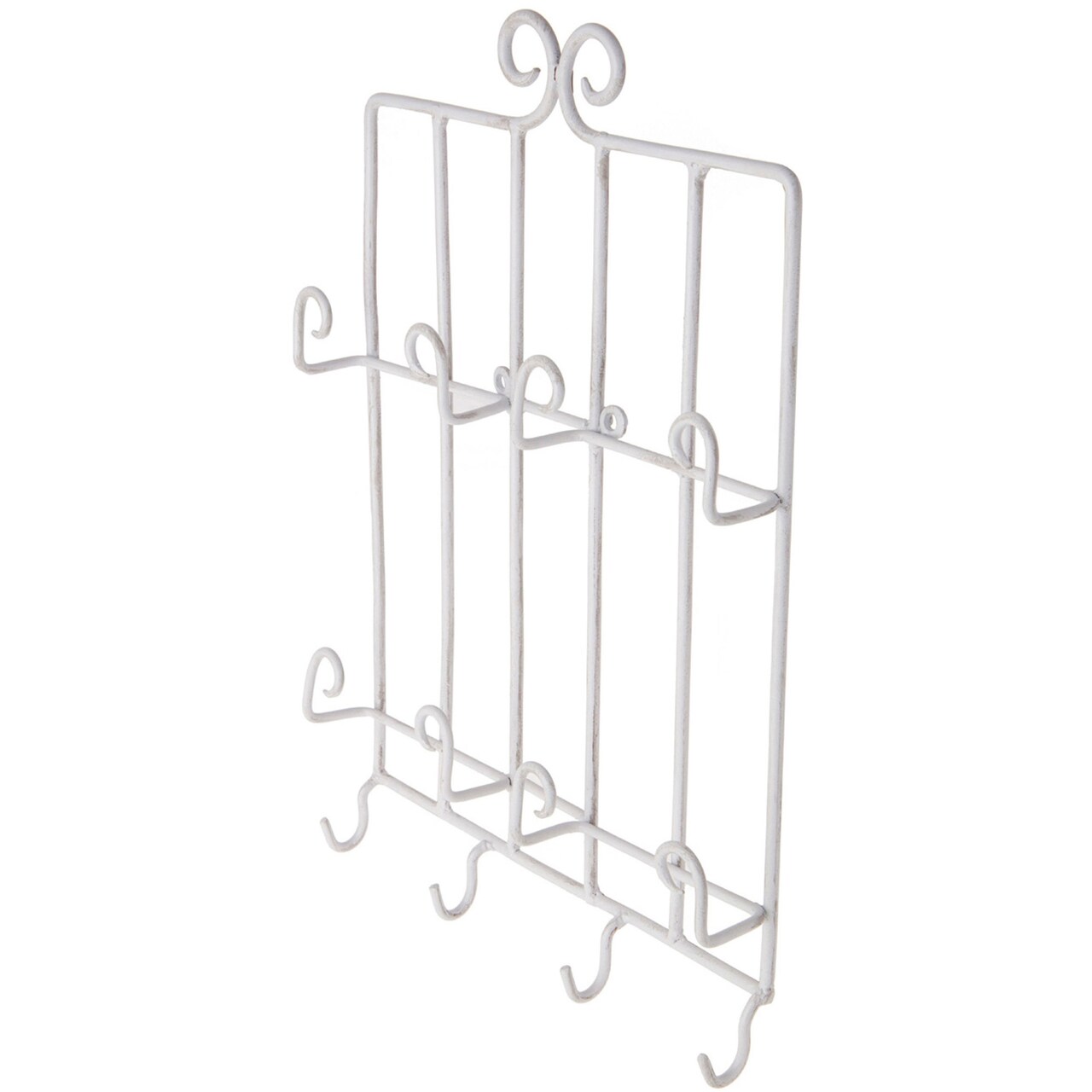 Bard's White Wrought Iron Wall Mounted 4 Cup and 4 Saucer Display Hanger, 15.75" H x 11.5" W x 2" D (For 6" Saucers)